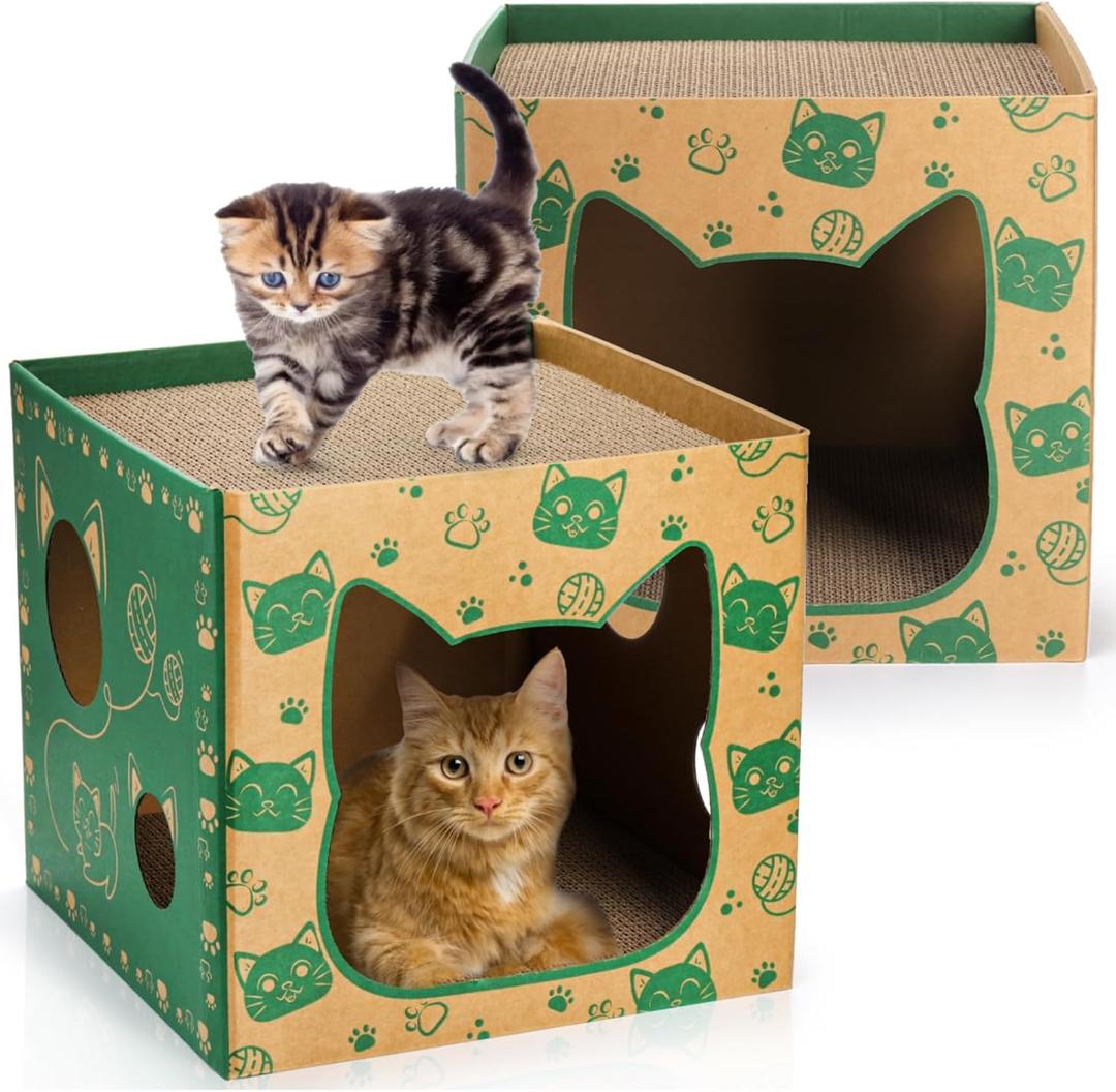 Pumtus 2 Pack Cardboard Cat Houses, Cat Play House with 2 PCS Scratching Pad, Corrugated Kitten Hideaway Cave, Cute Cats Condos Box, Cat Scratching Toy, Scratcher Bed for Indoor Cats, Kittens, Bunny