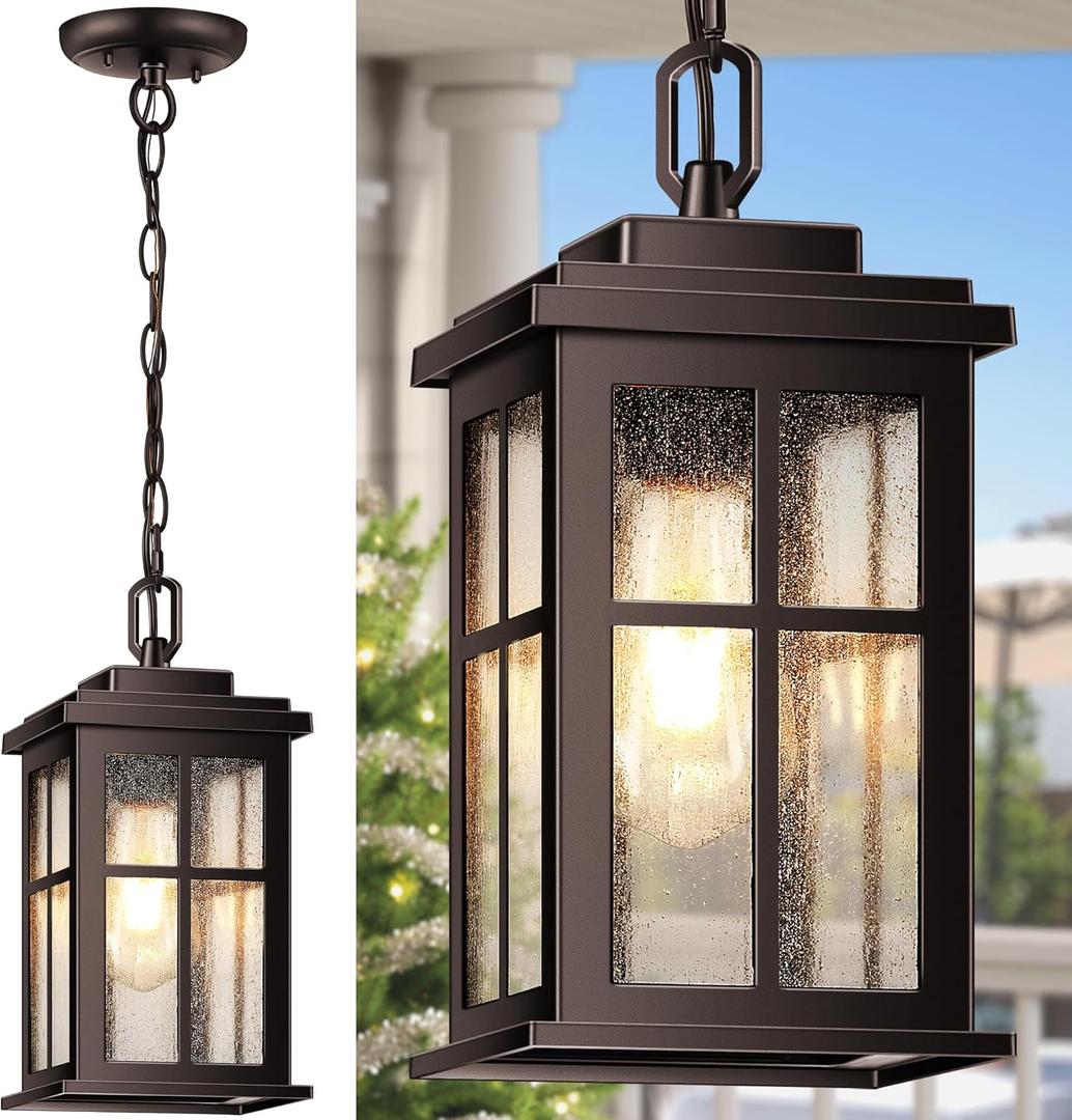 VIANIS Outdoor Hanging Lights, Oil Rubbed Bronze Exterior Pendant Lights for Porch with Adjustable Chain, 100% Aluminum Anti-Rust Outdoor Chandelier for Gazebo, Outdside Ceiling Lantern for Front Door (10 in - No Sensor)