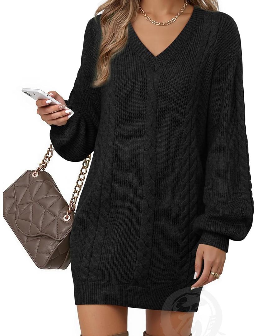 Women's Pullovers Jumper Sweaters Lantern Sleeve Casual V Neck Fall Knit Mini Sweater Dresses Vafoly Size S