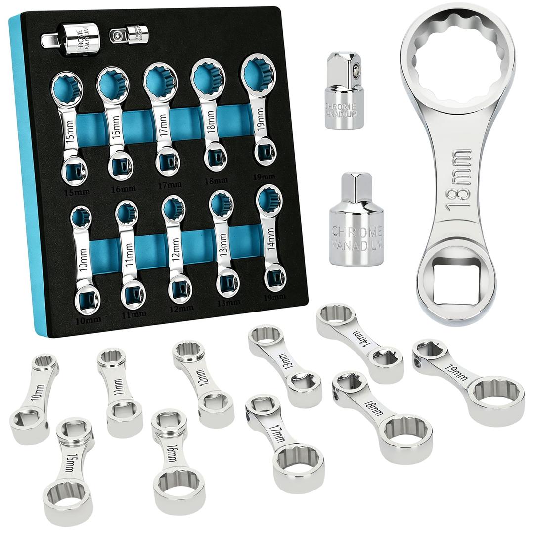 Torque Adapter Set Metric 12PCS, Includes 10, 11, 12, 13, 14, 15, 16, 17, 18, 19mm, 12 Point Box End Torque Wrench Extension Adapter 3/8" Drive, with 1/2" + 1/4" Drive Converters