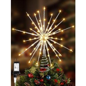 16 Inch Glittered Christmas Tree Topper 3D Burst with LED Light, 25 of 100 Lights Twinkle, Sparkly Christmas Star Tree Topper with Timing Function for Xmas Trees Decorations (Silver)