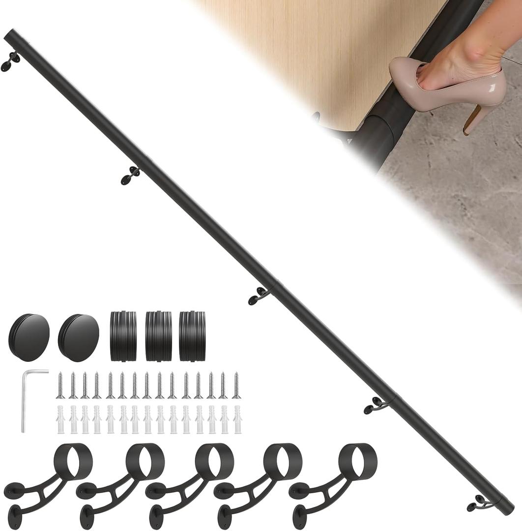 Bar Foot Rail Kit 8ft - Stainless Steel Complete Wall Mounted Bar Foot Rest - Matte Black Foot Rail System with Tubing, Wall Brackets, End Caps & Internal Connector