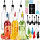 Maxcheck 6 Set 32 oz Plastic Long Neck Bottles with Rainbow Pourer and Caps Plastic Juice Pour Bottles with Stainless Steel Pourer Tapered Spout Syrup Pourers for Liquor Juice Store