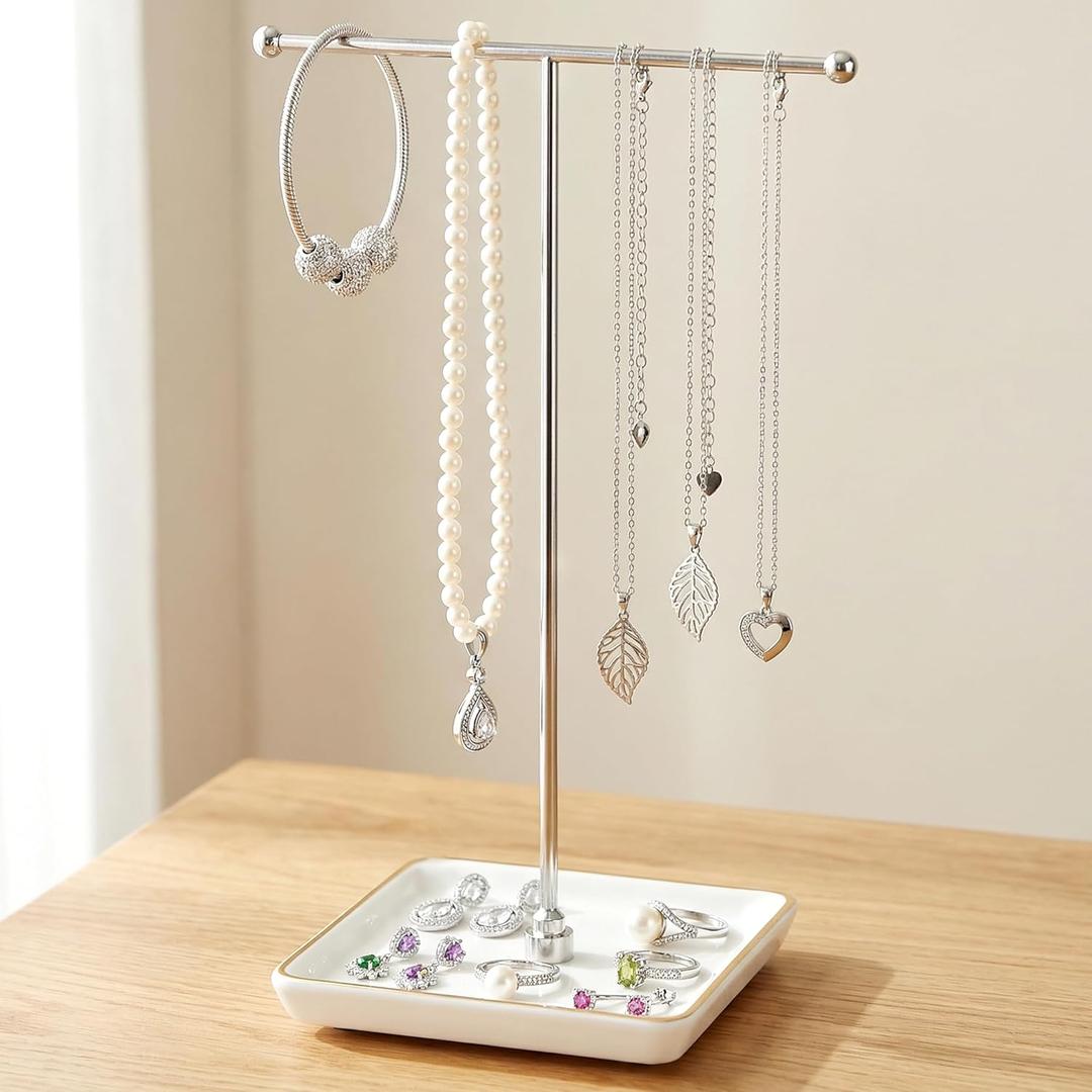 galasily Jewelry Holder Stand with Ceramic Base: 12" Tall Necklace Organizer Rack, Tree Design Display Storage for Necklaces, Bracelets, Rings, Earrings, Aesthetic Vintage Room Dcor (Silver)