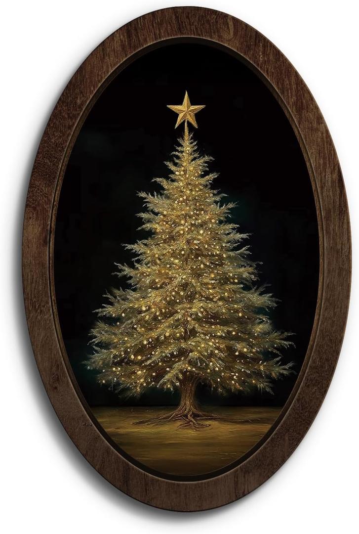 YZSLA Vintage Christmas Tree Oval Framed Wall Art Decor,Dark Antique Moody Christmas Home Room Decor, Winter Xmas Tree Holiday Wooden Antique Picture Wall Decorations for Bedroom Living Room, 15.7x10.2