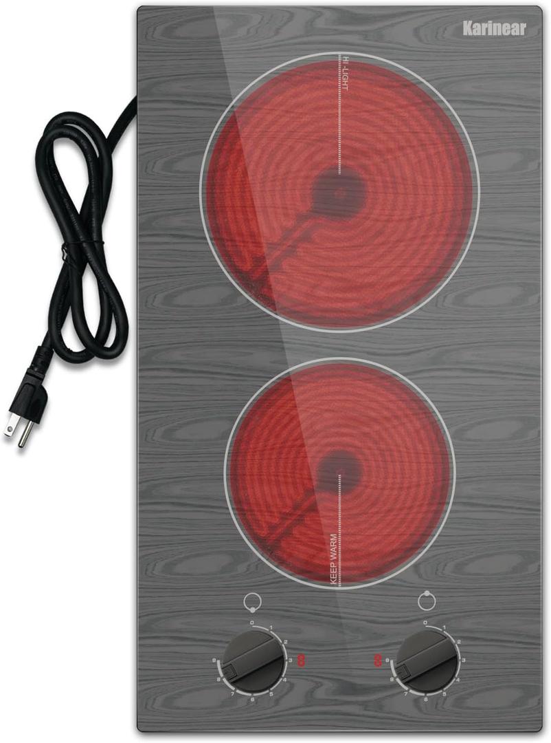 Karinear Electric Cooktop 2 Burners, 110v Portable Electri Stove Top with Knob, Glass Cooktop, Beautiful Woodgrain Pattern, Built-in and Countertop Electric Ceramic Cooktops, 12 Inch, 110v Outlet Plug