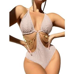 OYOANGLE Women's Chain Linked Cut Out Halter One Piece Swimsuit Tummy Control Bathing Suit, Pink, XS