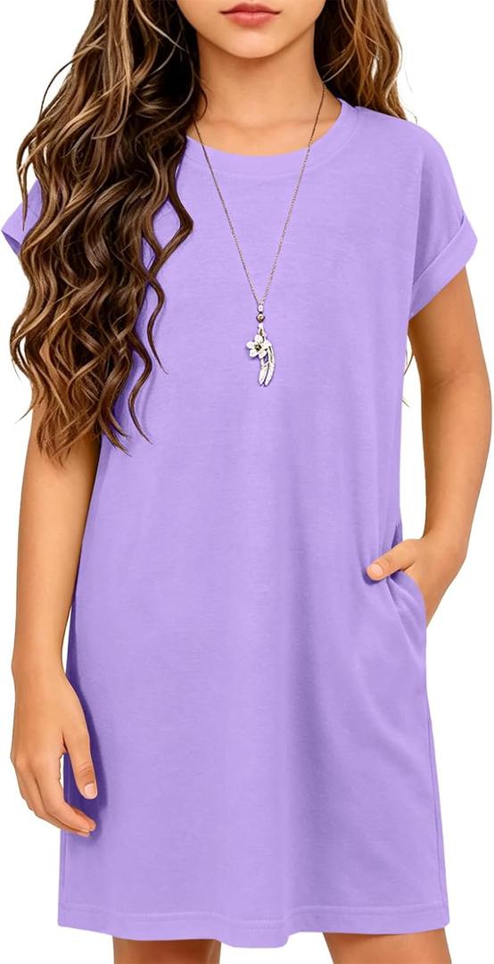 ZDC Girls Cap Sleeve Dresses Kids Spring Summer Casual Basic Crewneck Dress with Pockets 5-14 Years (Purple)