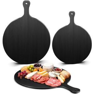 Geetery 2 Pcs Round Black Cutting Board with Handle Bamboo Cheese and Chopping Board Charcuterie Black Platter Tray for Kitchen Pizza Bread Vegetables DIY Holiday Present (11.6 Inch,9 Inch)