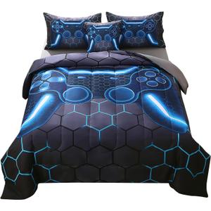 JQinHome Twin Gamer Comforter Set for Boys,6 Piece Bed in A Bag 3D Video Game Bedding -All Season Soft Microfiber Down Alternative Comforter Gamer Bedding Sets for Kids (Grey Blue)