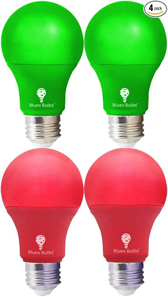 4 Pack LED Red and Green Light Bulbs  120V E26 Base 9 Watt (60watt Replacement)  Red and Green Bulbs for Party Decoration, Porch, Home Lighting, Christmas 4 Pack