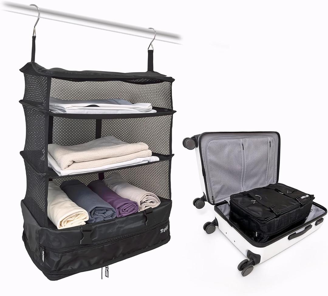 Grand Fusion Stow-N-Go Portable Hanging Travel Shelves, Packing Organizer for Luggage. Carry on Closet for Clothes. Expandable Packing Cube. Travel Essentials. Black - XL