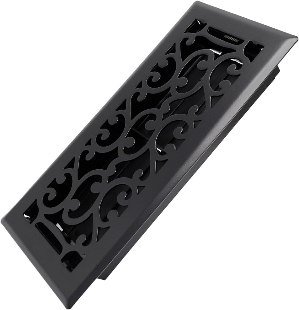 4x10 Inches Heavy Duty Walkable Floor Register - Easy Adjust Air Supply Lever Decorative Floor Vent Covers - Savannah Design Vent Covers for Home - Matte Black