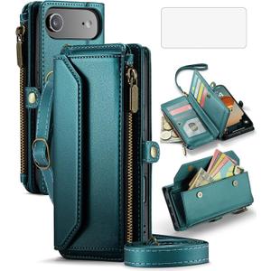 Asuwish Phone Case for iPhone 17 Air 6.5 inch Zipper Wallet Cover with Tempered Glass Screen Protector and Leather Flip RFID Blocking Credit Cash Card Holder Cell i Phone17 i17 17Air Women Girls Green