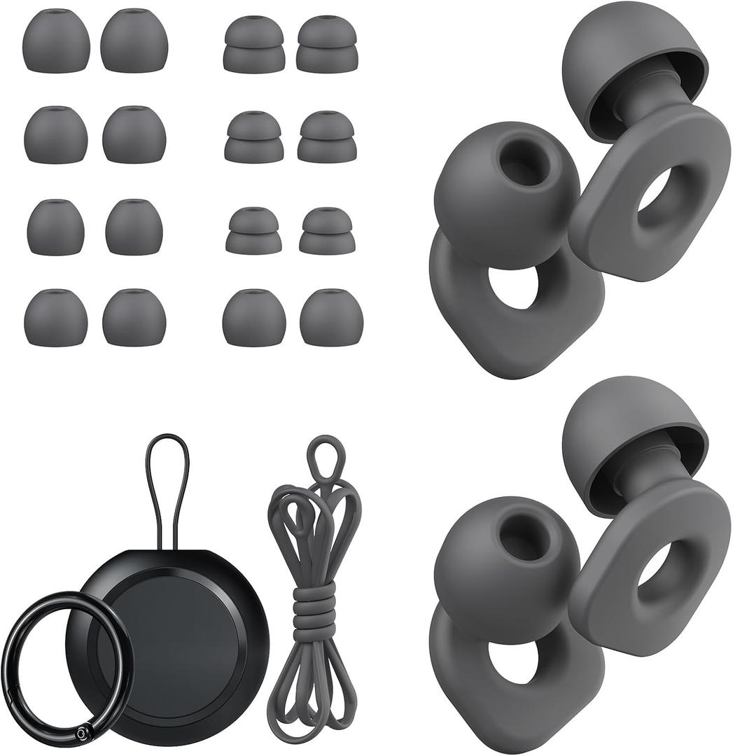 2 Pairs of Earplugs for Sleeping,Reusable Hearing Protection Ear Plugs with 8 Pairs Ear Tips & One Connector Cord,Soft Earplugs for Noise Reduction,Concert,Musician & Work - 25dB-30dB (Grey)