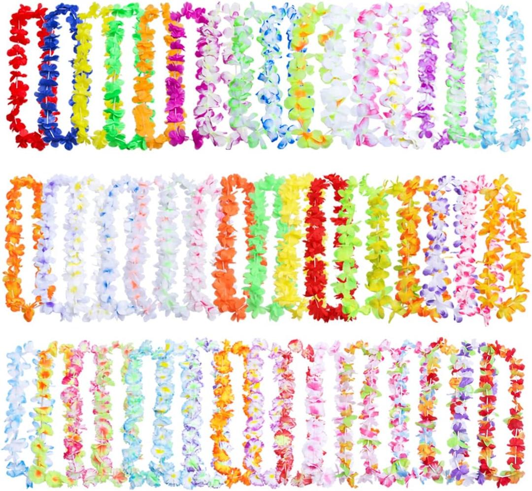 50 Pieces Hawaiian Leis Party Decorations, 50 Styles Flower Necklace Bulk for Tropical Theme Beach Supplies Night Bar Luau Aloha Beach Vacation