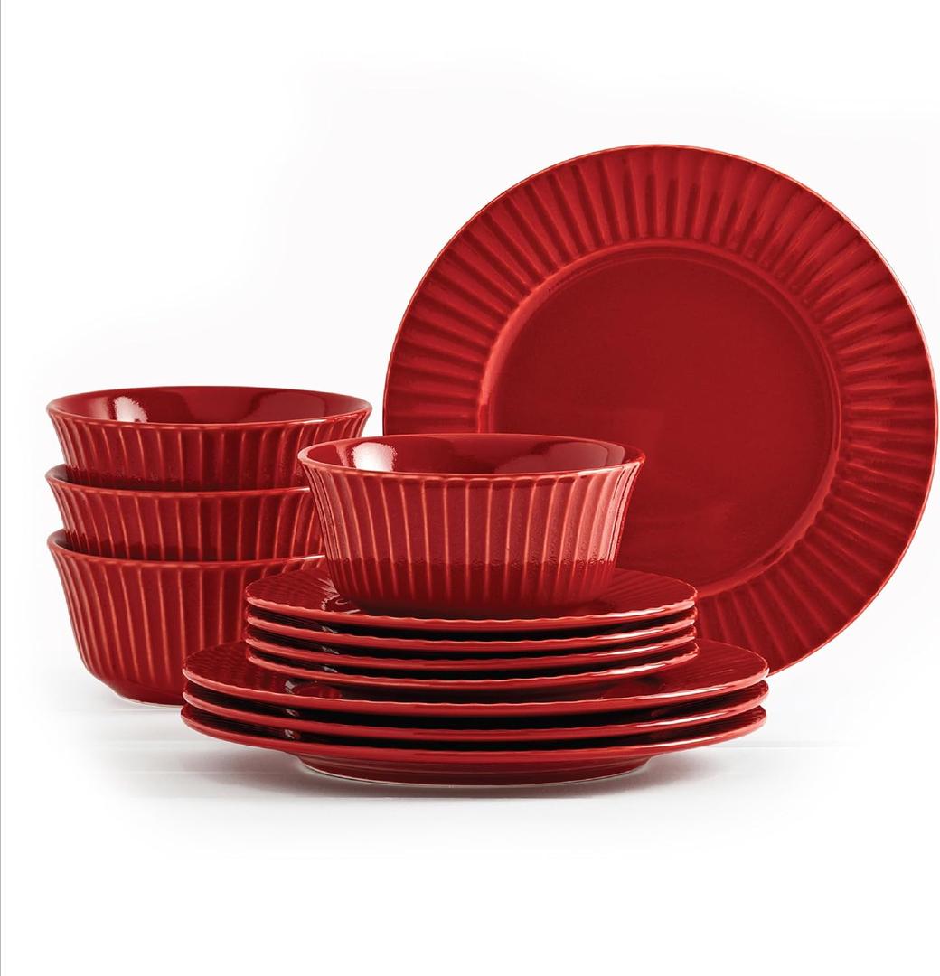 Tabletops Gallery Richmond 12-Piece Reactive Glaze Stoneware Dinnerware Set of Kitchen Dishes, Dinner Plates, Cereal Bowls, Service for 4, Red