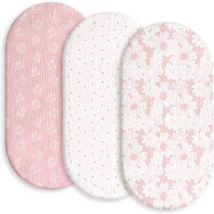 Gllquen Baby Muslin Bassinet Sheets 3 Pack, Breathable Elastic Cozy Fitted Cotton Bassinet Mattress Sheet for Baby Boy Girls, Fit for Hourglass Oval Rectangular Cradle Pad Sheets 33"x17" (Pink)