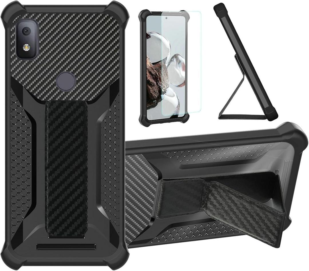 Case Compatible for T-Mobile REVVL 4 4G Phone Case Cover [with Tempered Glass Screen Protector] Hybrid Case [Folding Support Magnetic] [Frosted Anti-Fingerprint] Black