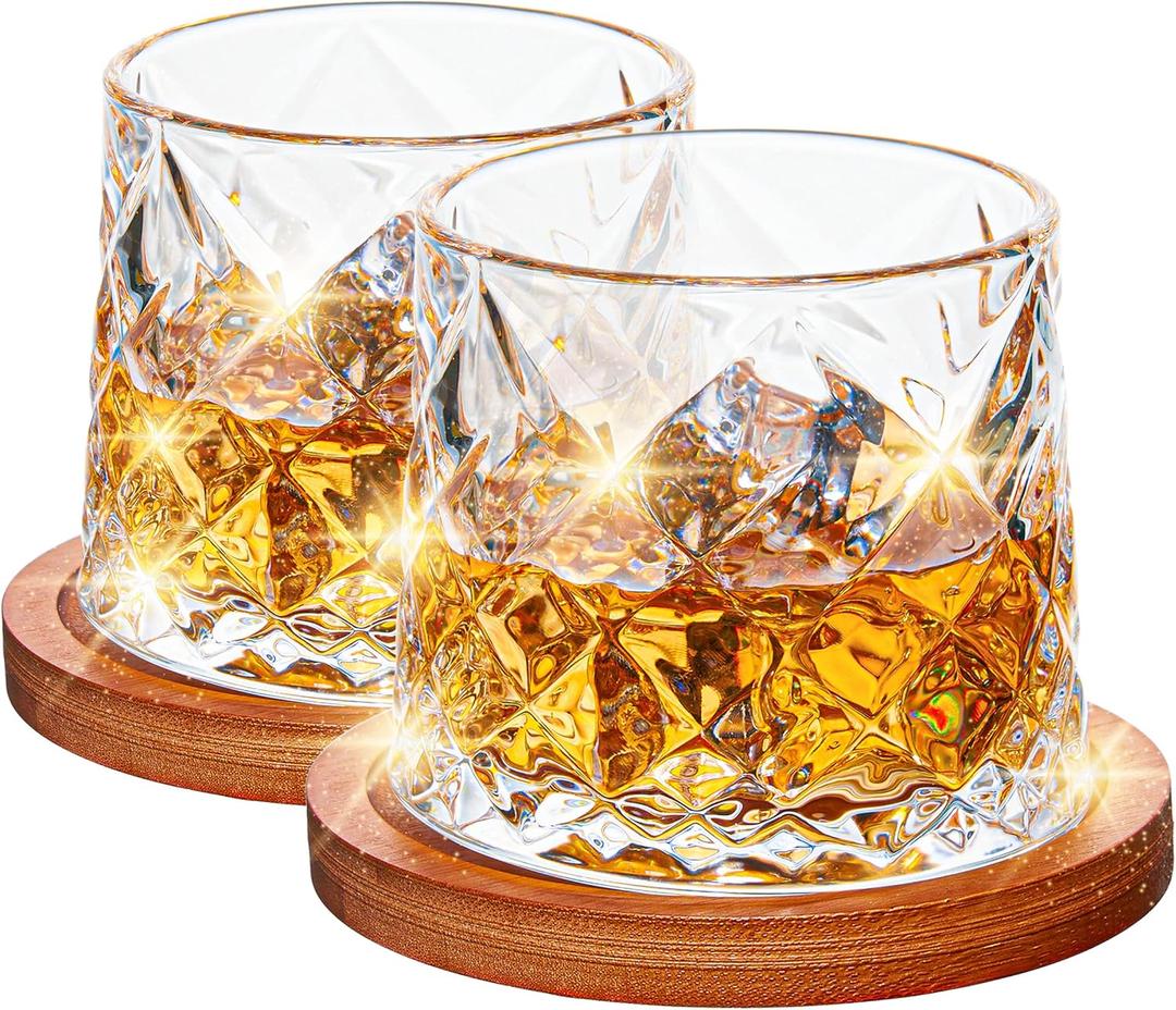 10oz Large Spinning Whiskey Glasses set of 2,Rotatable Old Fashioned Glasses,with Bamboo Coasters,Help Relieve Stress, Anxiety,Tension. Christmas Gifts Stocking Stuffers for Men,Husband,Dad,Father
