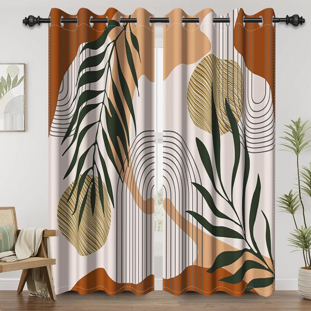 Renaiss Mid Century Boho Blackout Curtains for Bedroom Abstract Palm Leaf Arch Sun Window Curtain Modern Minimalist Art Window Drapes for Living Room Decor Curtains 2 Panels Set, 53x84 Inch (Beige1)