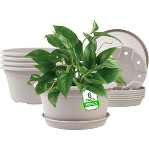 6 Pack 10 inch Plant Pot, Outdoor Pots for Plants with Drainage Hole & Tray Saucer, Round Plastic Plant Pot, Decoration Flower Pots for Indoor Plants Home Garden Outdoor Planters (Gray White)