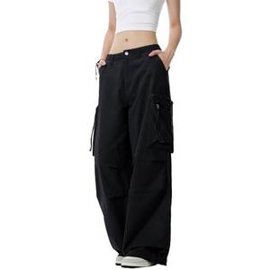 WZIKAI Women's Parachute Cargo Pants Y2K Baggy Cargo Pants Wide Leg Casual Joggers with Pockets S