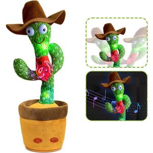 Dancing Cactus, Talking Cactus Toy, Repeats What You Say Electronic Dancing Toy with Lighting Recording Mimicking CactusToy, Electronic Plush Singing Baby Toy for Kids (Cowboy)