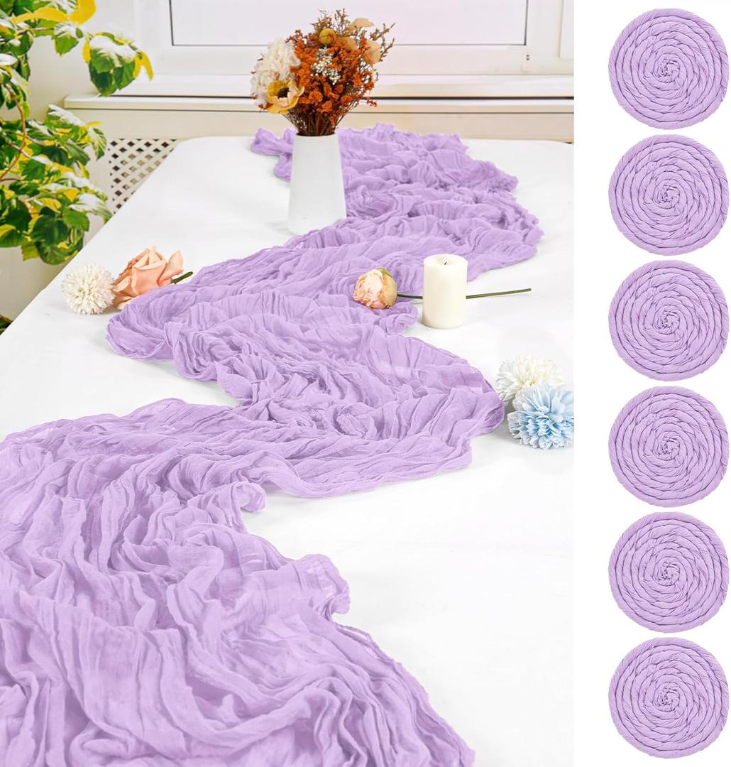 6 Pack Lavender Cheesecloth Table Runner,10FT Gauze Boho Long Easter Cheesecloth Table Runners 20x120inch Rustic Cheese Cloth Table Runner for Wedding Party Bridal Shower,Table Decorations