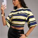 SOLY HUX Women's Color Block Striped Crop Top Half Sleeve Drop Shoulder Tees Oversized T-Shirts (Yellow, S)