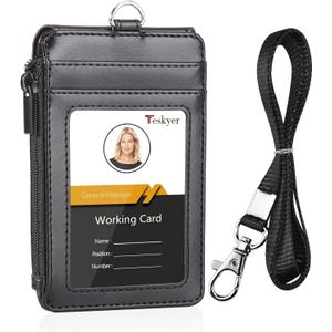 Teskyer ID Badge Holder with Lanyard, 1 Zip Pocket and 4 Card Slots, Lanyard ID Card Holder Wallet for Office School Work Badges, Cruise Ship Cards, Hotel Key Cards, Pass Cards - Black (3.1" x 4.7")