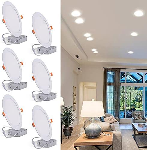 JARLSTAR 8 Inch LED Recessed Light with Junction Box, 6 Pack Ultra Thin LED Recessed Lighting.4000K Cool White, No Dimmable,18W 110V Eqv.Recessed Ceiling Canless Lights.Slim Can-Killer Downlight