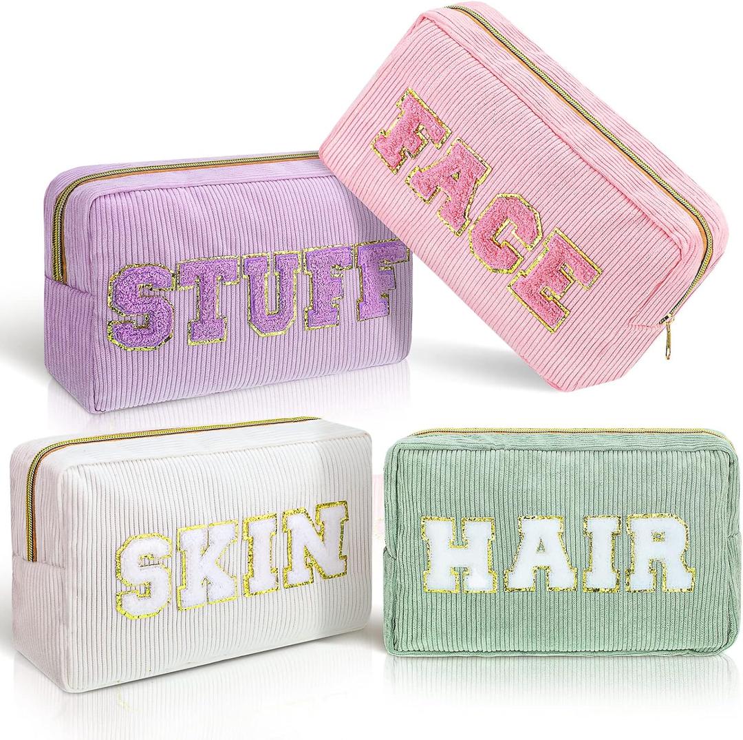 Pinkunn 4 Pcs Preppy Makeup Bags Chenille Letter Travel Organizer Face Skin Hair Stuff Corduroy Cosmetic Hygiene Toiletry Pouch with Zipper Wedding Birthday Gifts for Women(Purple, Pink, White, Green)