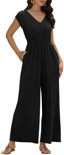 ZAFUL Womens Summer Jumpsuits 2026 Smocked Waist Dressy Casual One Piece Outfits with Pockets, S