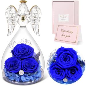 Sunia Preserved Flowers Rose Gifts for Mom, Birthday Gifts for Grandma Women, Glass Angel Figurines with Three Forever Real Roses, Fresh Flowers Gifts for Christmas Mother's Day Valentine (Blue)