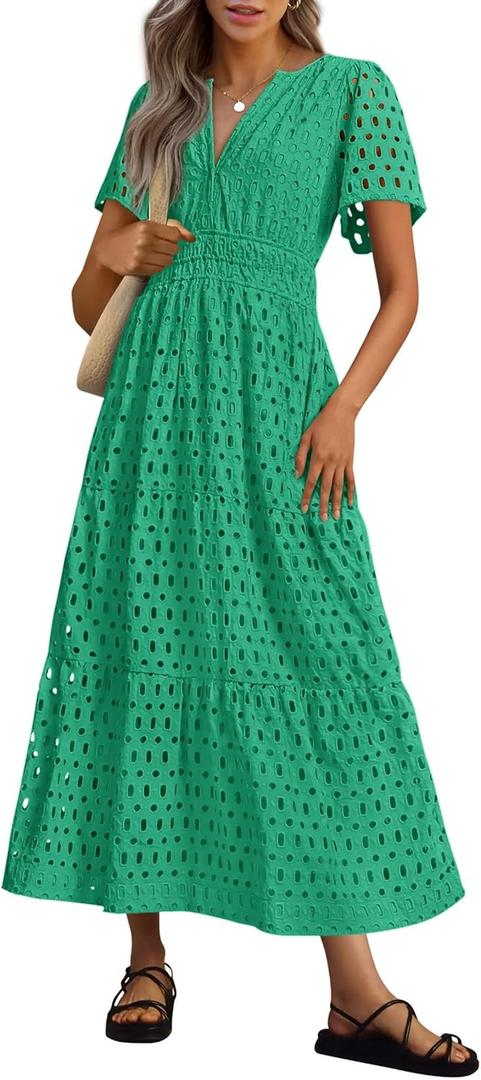 PRETTYGARDEN Womens 2025 Summer Maxi Dress Short Sleeve V Neck Hollow Out Eyelet A Line Long Flowy Beach Vacation Dresses (Green), Large 