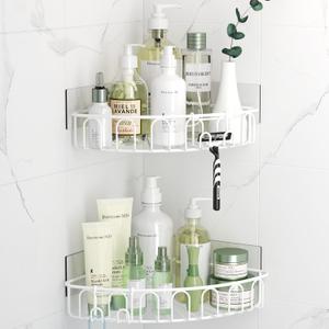 Orimade Corner Shower Caddy with 2 Hooks Wall Mounted Metal Bathroom Shelf Storage Organizer Adhesive No Drilling 2 Pack, White Only for 90-Degree Corner