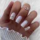 Square Press on Nails Medium Length Fake Nails Glossy Silver Glitters Glue on Nails Full Cover White False Nails with Rhinestones Pure White Acrylic Nails for Women Girls Nail Decorations, 24PCS