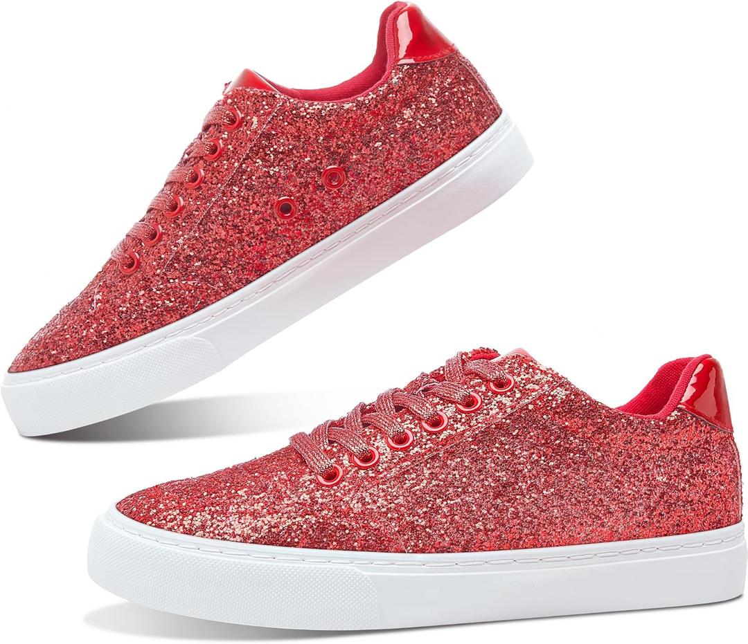 Jeekopeg Glitter Sparkly Fashion Sneakers Shoes Shiny Casual Shoes Bling Sequin Concert Low Cut Lace up Shoes (5.5 Women/4.5 Men)