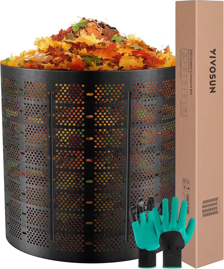 VIVOSUN 220 Gallon Outdoor Compost Bin, Expandable Composter, Easy to Setup & Large Capacity for Backyard, Lawn (Black with Gloves)