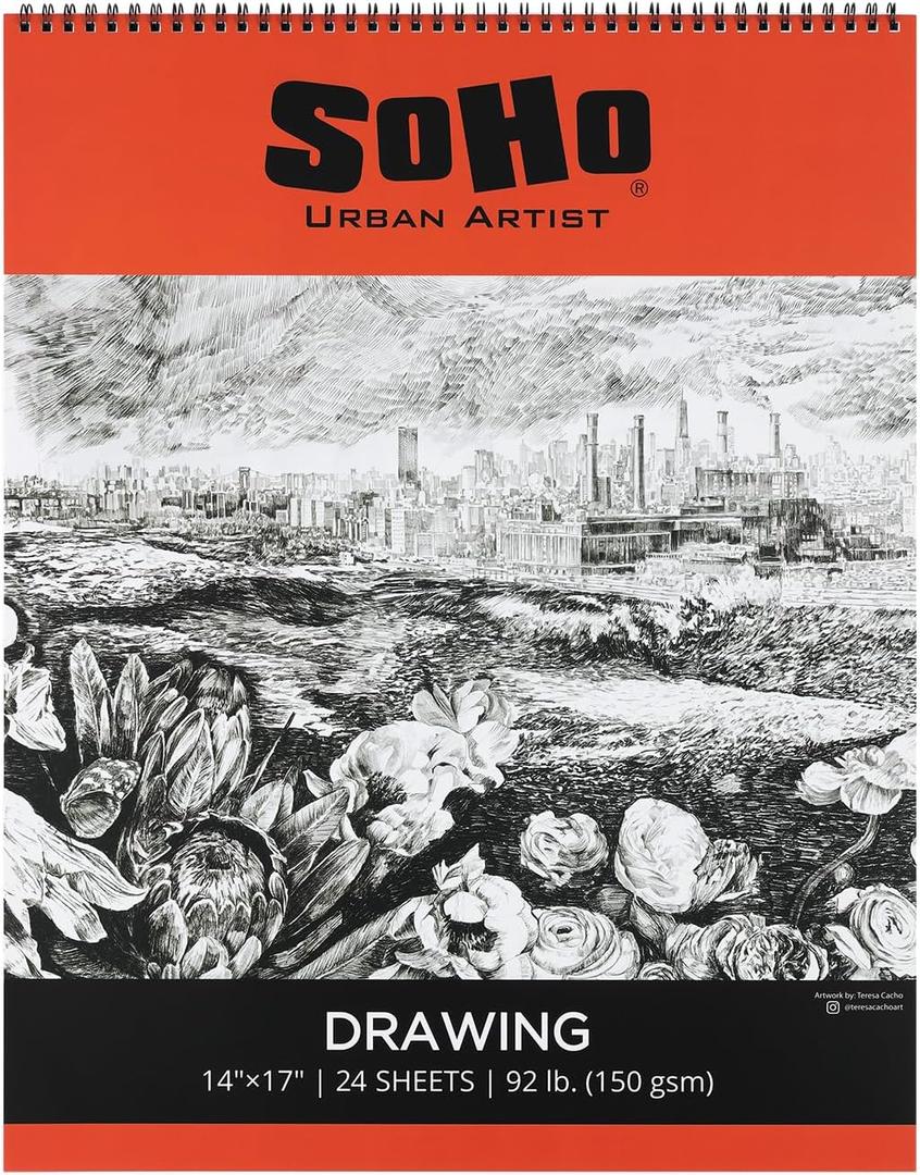 SoHo Urban Artist Softcover Drawing Pad - 14"x17", 12 Pack w/288 Sheets Total - 92 lbs/150gsm, Mixed Media, Dual-Sided, Acid-Free, Wire-Bound, Micro-Perforated, Repeated Erasing & Reworking