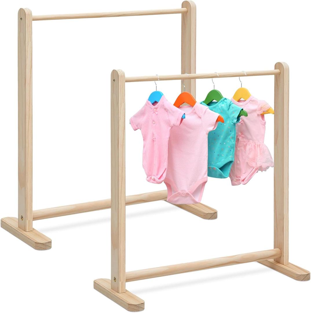 Barydat 2 Pcs Small Wooden Baby Shower Rack Dress up Storage 22.1 W x 9.5 D x 24.4 H Mini Clothes Rack for Girl Doll Clothes Storage Organizer Newborn Gift for Pregnancy Parents