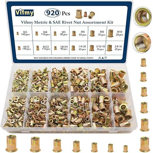 Metric & SAE Rivet Nut Assortment Kit(920 Pcs), M3 M4 M5 M6 M8 M10#6-32#8-32#10-24 1/4"-20 5/16"-18 3/8"-16 UNC Flat Head Rivnut Set, Zinc Plated Finish Carbon Steel Nutsert