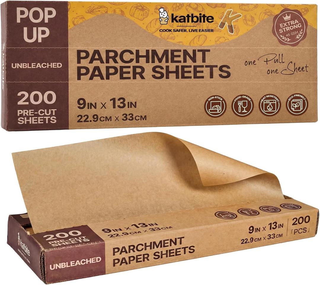 Katbite Parchment Paper Sheets Pop-Up 200 PCS, 9x13 Inches Precut Heavy Duty Baking Parchment, Extra Strong, Unbleached, Non-stick, Non-toxic, Flat Baking Paper for Oven, Cooking, Grilling, Air Fryer