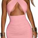 Women's Sexy Ruched Bodycon Halter Criss Cross Cut Out Backless Mini Club Party Dresses Size S
