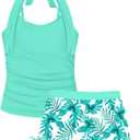 Girls Swimsuit 2 Piece Halterneck Girls Tankini Swimsuit Drawstring Printed Swim Shorts Girl Bathing Suit for 7-16T (13-14 Years, Light Green)
