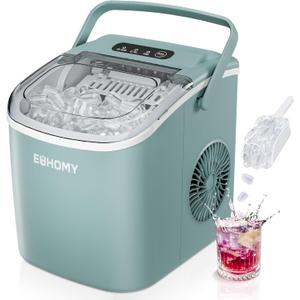 EUHOMY Countertop Ice Maker Machine with Handle, 26lbs Per Day, 9 Ice Cubes Ready in 6 Mins, Auto-Cleaning Portable Ice Maker with Basket and Scoop, for Home/Kitchen/Camping/RV (Green) (11.57"D x 11.42"W x 8.74"H)