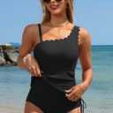 Charmo One Shoulder One Piece Swim Dress Ribbed Scalloped Swimsuit Women Mesh Sheer Wraps Slimming Bathing Suit Swimwear (Black, M)