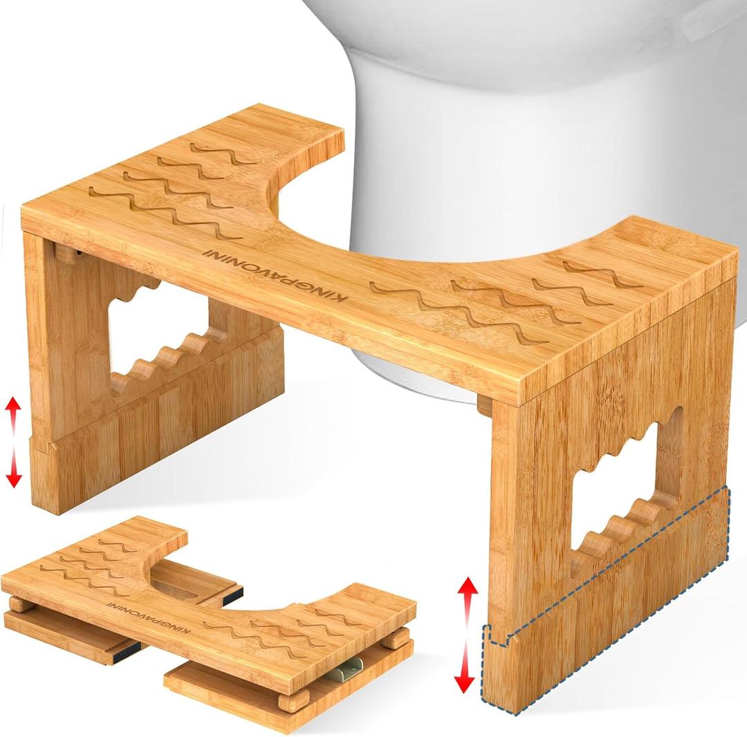 KingPavonini Bamboo Toilet Stool Squat 7in & 9in Heights Adjustable, Foldable Poop Stool for Adult, for Bathroom with Non-Slip Grooves Portable, Space-Saving, 400 lbs Capacity (Upgrade)