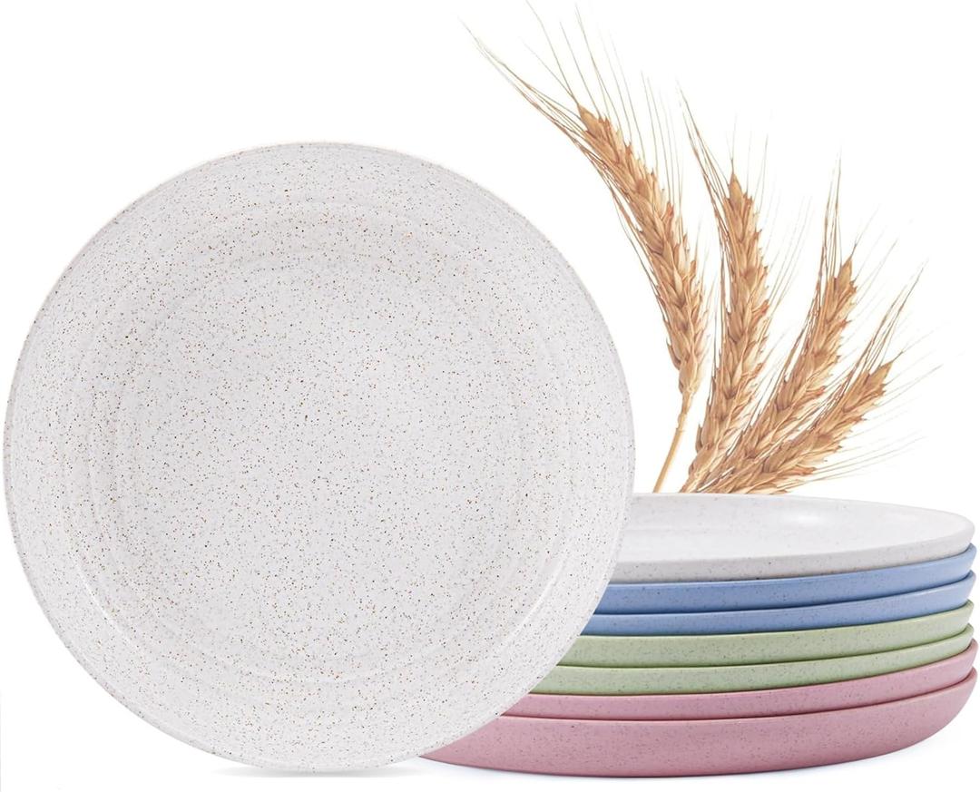MISS BIG Wheat Straw Plates 8 inches,Plastic Plates Reusable Set of 8,Dinner Plates for Kids&Adults,Dishwasher & Microwave Safe,Eco-Friendly,BPA Free with 4 Colors (White, Pink, Green, Blue)